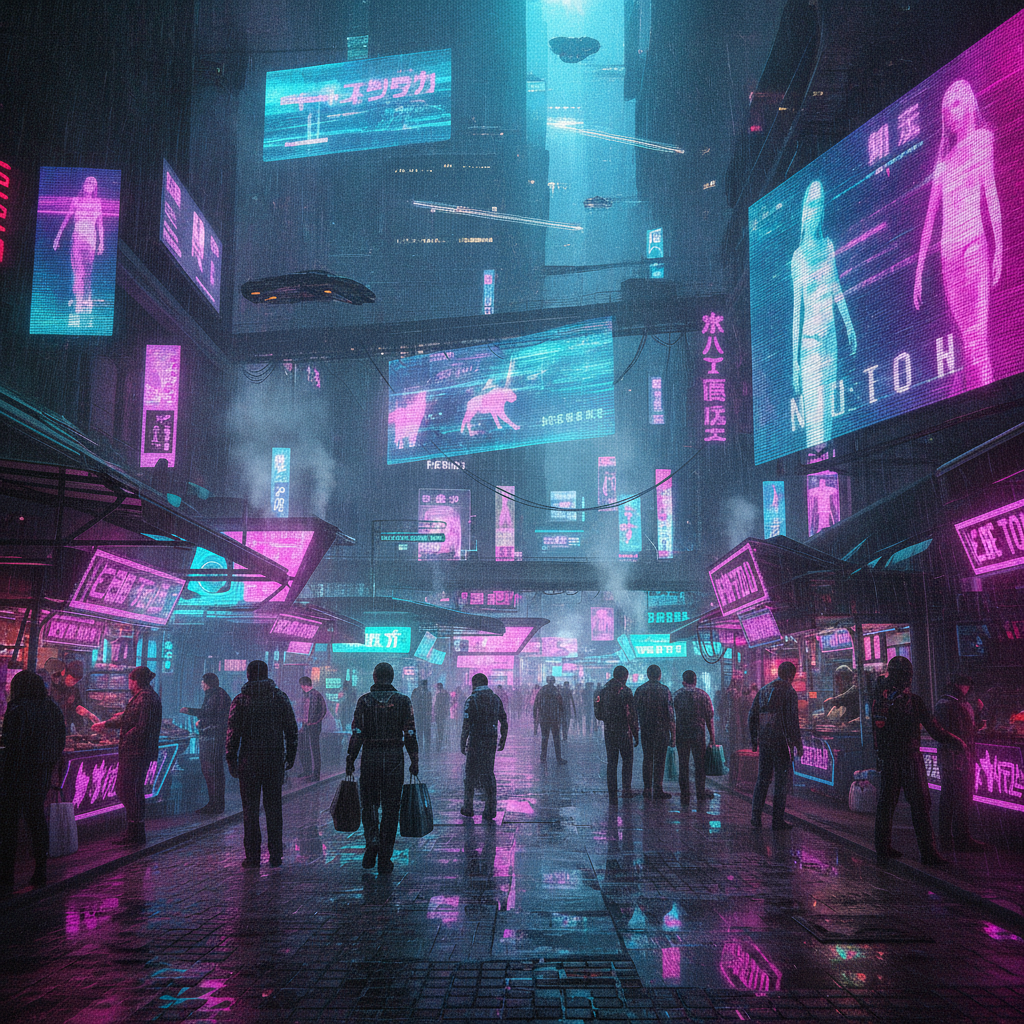 AI cyberpunk generator result — a neon cyberpunk street market with holographic ads and rain reflections