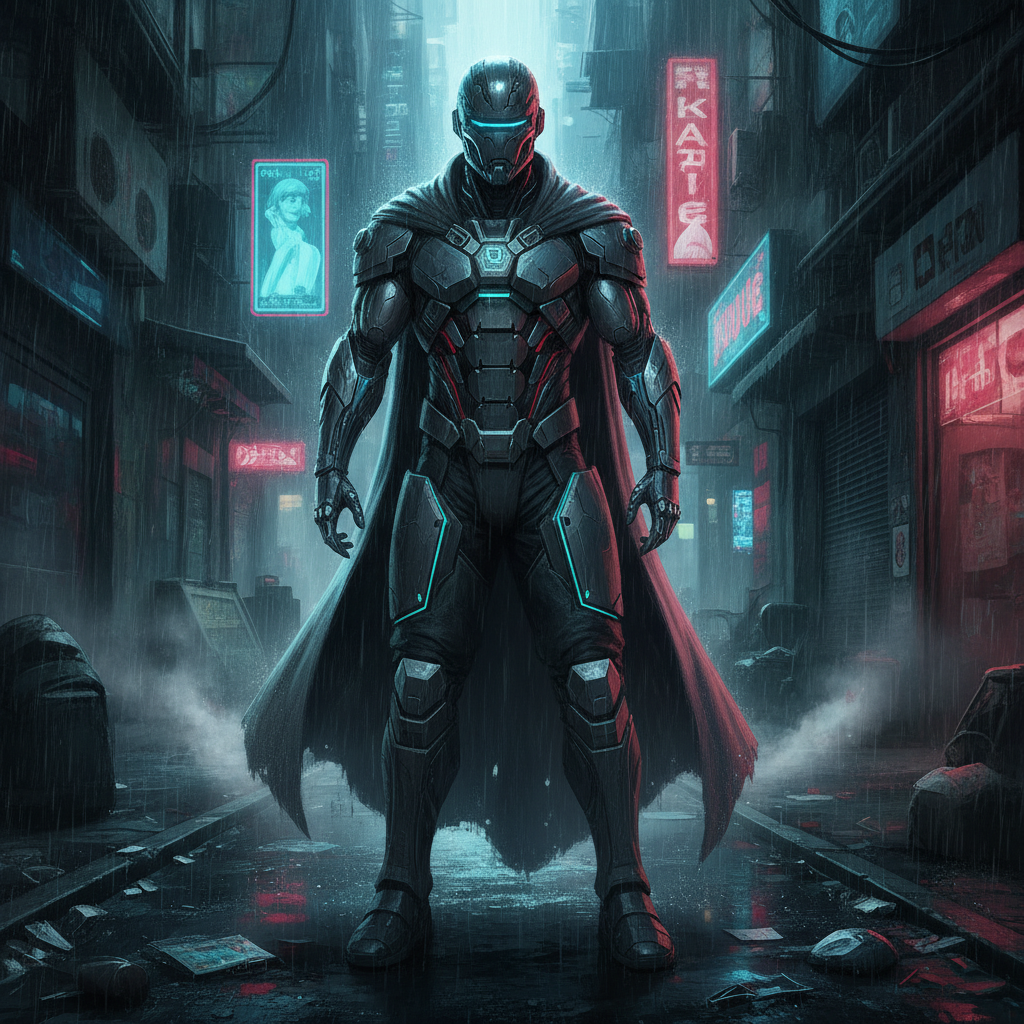 AI cyberpunk generator result — a cyberpunk warrior with chrome augmentations and neon backlight in a dystopian alley