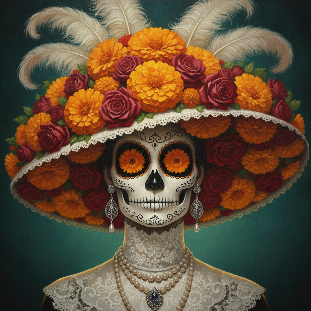 La Catrina generator example — a painted Day of the Dead portrait against dark teal, the face worked as a pale calavera with a marigold bloom filling each eye socket and fine black scrollwork on the brow and chin, under an enormous lace trimmed hat piled with marigolds, deep red roses and pale ostrich feathers, with drop earrings and a pearl necklace