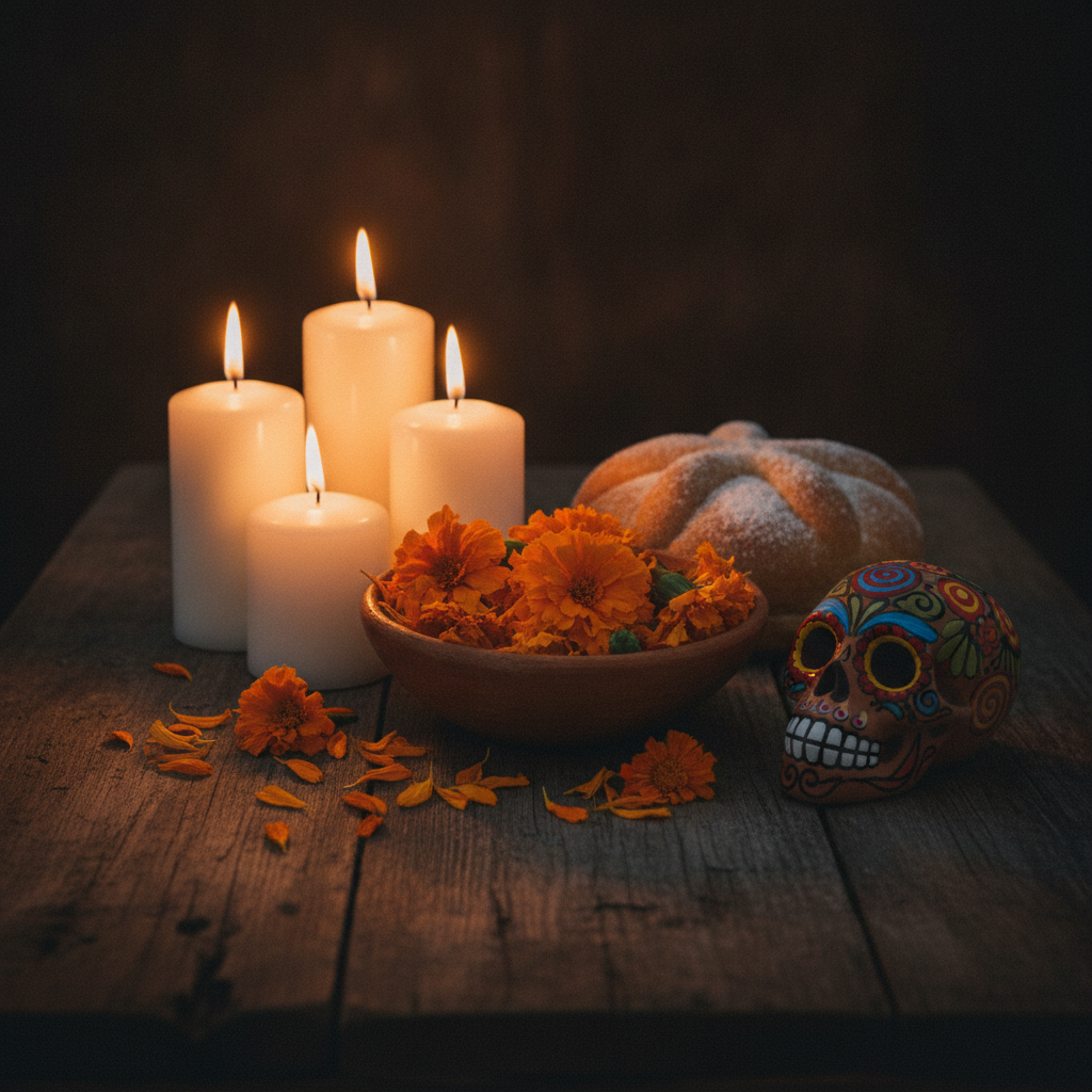 Day of the Dead still life photograph — four lit white pillar candles, a shallow clay bowl heaped with bright orange cempasuchil marigold heads with loose petals scattered across the wood, a sugar dusted loaf of pan de muerto and a brightly painted clay sugar skull on a dark weathered table in warm candlelight