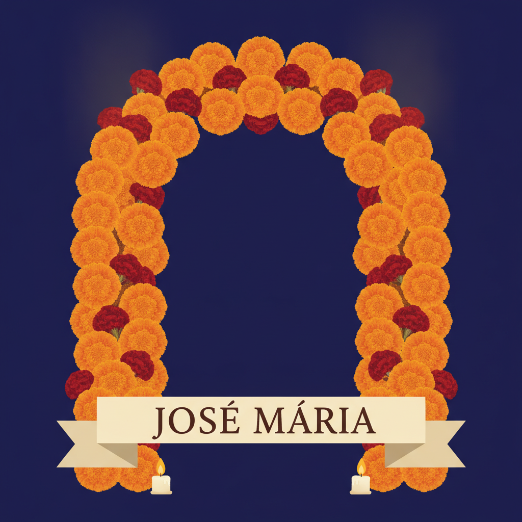 Dia de los Muertos memorial art from the AI Day of the Dead generator — an archway of densely packed orange cempasuchil marigolds and deep red cockscomb against midnight blue, its centre left empty, with a cream ribbon banner across the foot carrying the name JOSE MARIA in dark brown serif capitals and two lit candles beneath it