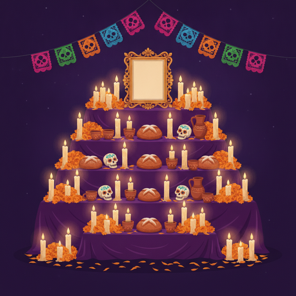 AI Day of the Dead generator example — a stepped ofrenda altar draped in deep purple cloth against an indigo night sky, every tier crowded with lit candles, sugar dusted pan de muerto, painted clay sugar skulls, clay cups and jugs and heaped orange cempasuchil marigolds, an empty ornate gold picture frame standing on the top tier, and a swag of papel picado strung across the top