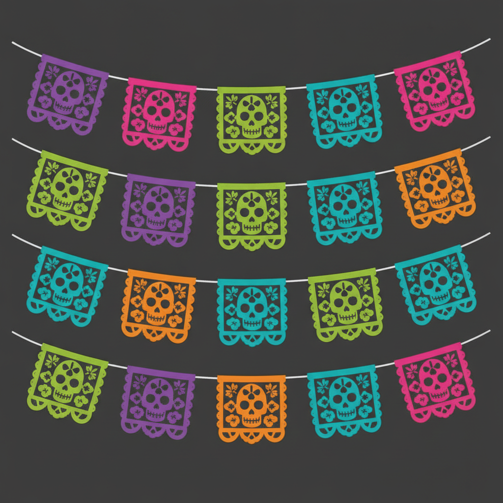 Papel picado maker output — four swagged strings of Mexican cut paper flags across a dark charcoal square in purple, pink, lime green, turquoise and orange, each flag punched with a symmetrical skull, flower and scalloped border pattern so the background shows through the cut shapes