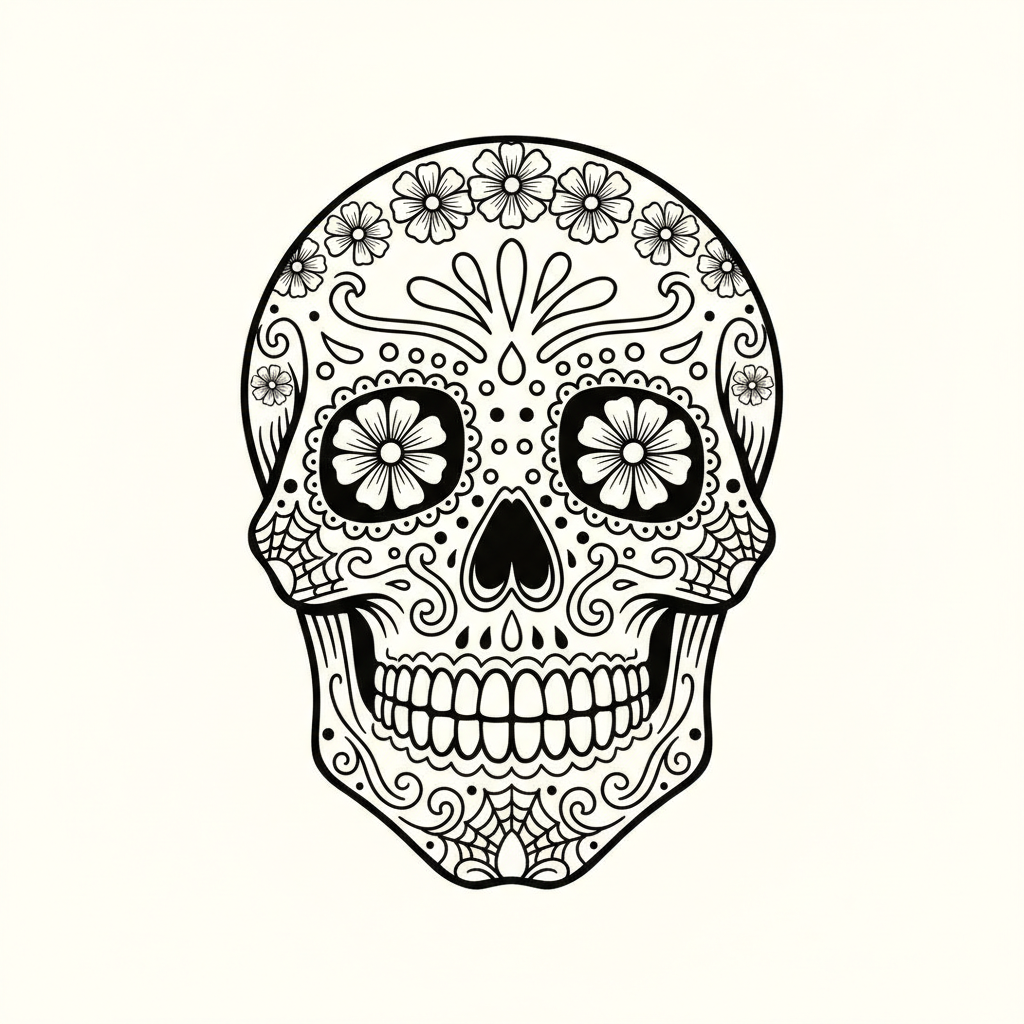 Sugar skull generator output — one symmetrical Mexican calavera in clean black ink line art on plain cream, with flower rosettes filling the eye sockets, a row of small blossoms across the brow, scrollwork and cobweb shading on the cheeks and an even line weight throughout, ready to print and colour in