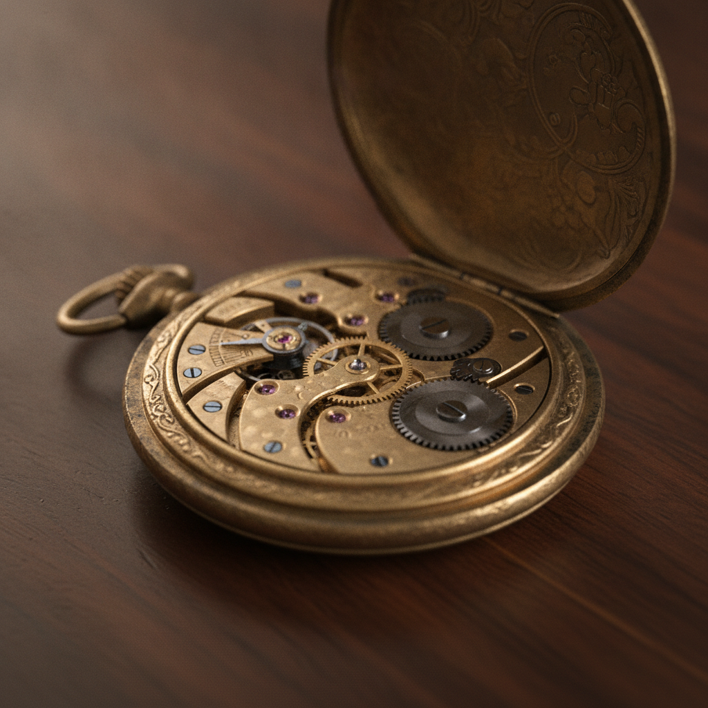Image sharpness enhancer reference — open antique brass pocket watch on dark walnut wood with fine engraving and gear teeth in tack-sharp focus