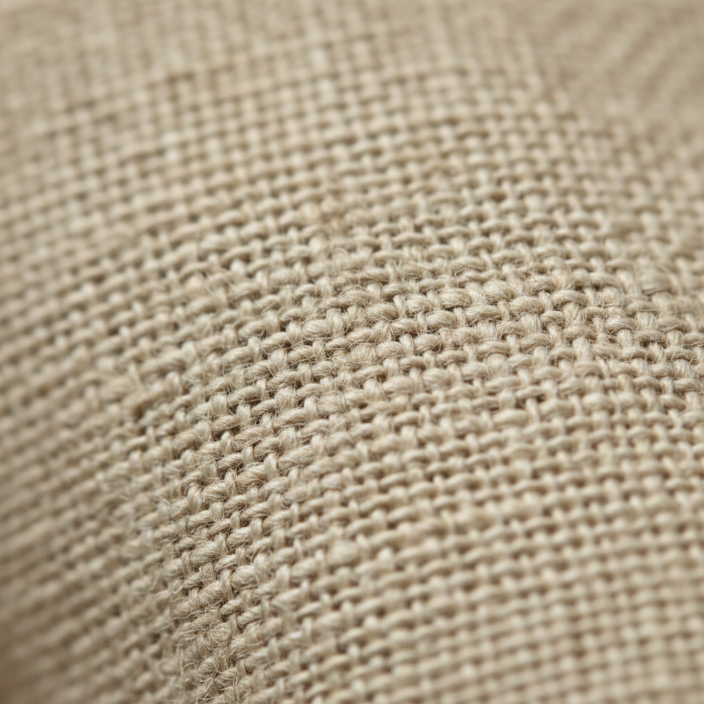 AI photo cleanup reference — macro of woven natural linen fabric with individual fibres and slubs clearly separated in soft daylight