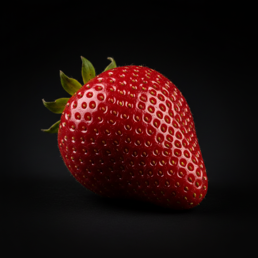 Photo clarity AI reference — single ripe strawberry on a matte black background with seeds and fine surface hairs in razor-sharp studio focus