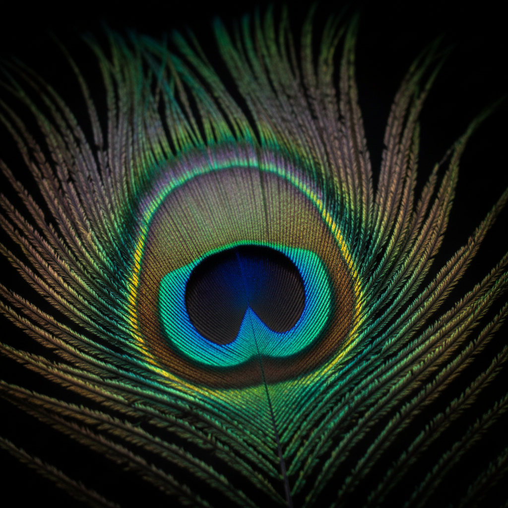 AI blur remover reference — macro of a peacock feather with iridescent blue and green barbs crisply separated against a dark background
