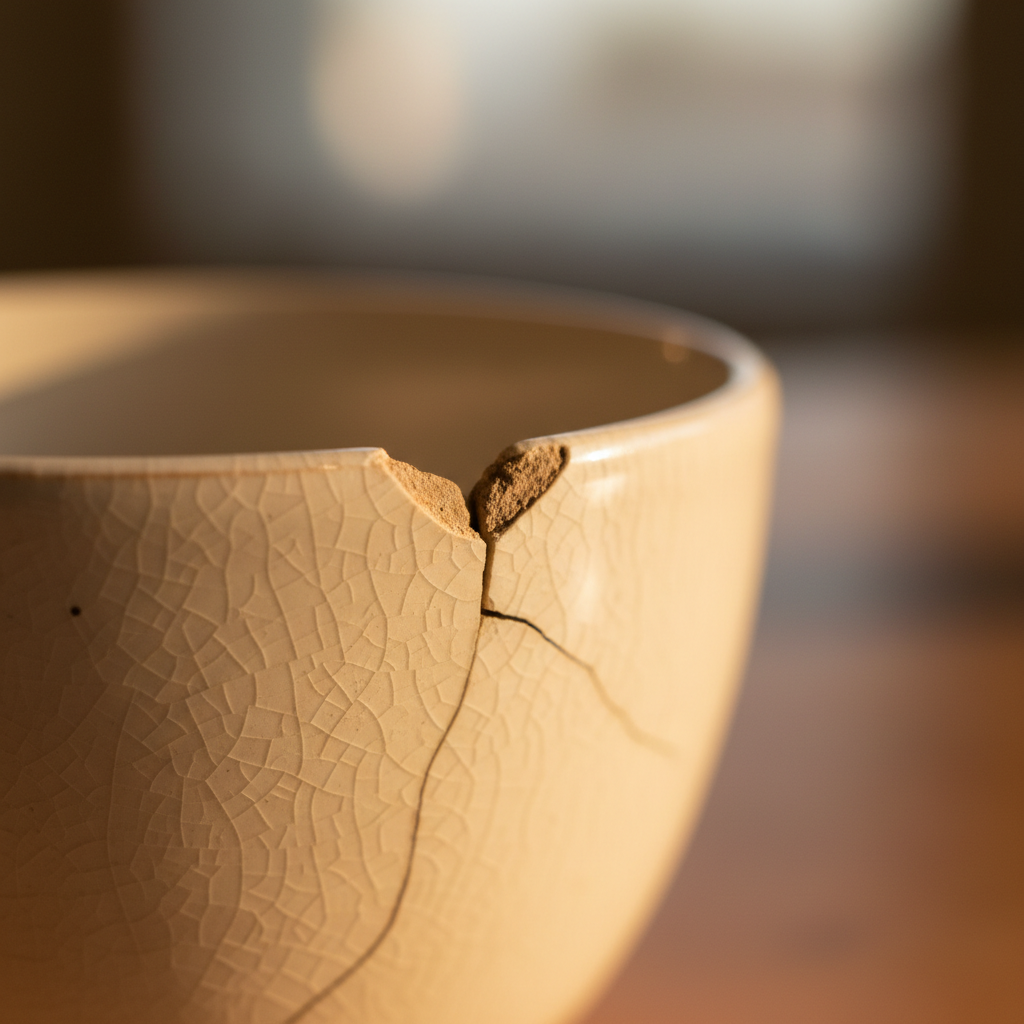 AI de-slop image enhancer reference render — macro of a cracked glazed ceramic cup rim showing crazing lines and glaze texture in sharp detail