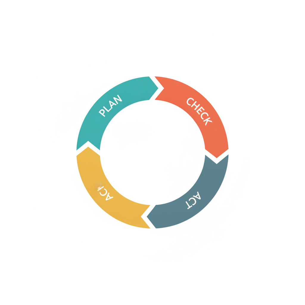 AI cycle diagram maker output — a four segment ring on white in teal, coral, slate blue and mustard with arrowheads flowing clockwise, labelled PLAN, CHECK, ACT and ACT, with the classic DO stage missing