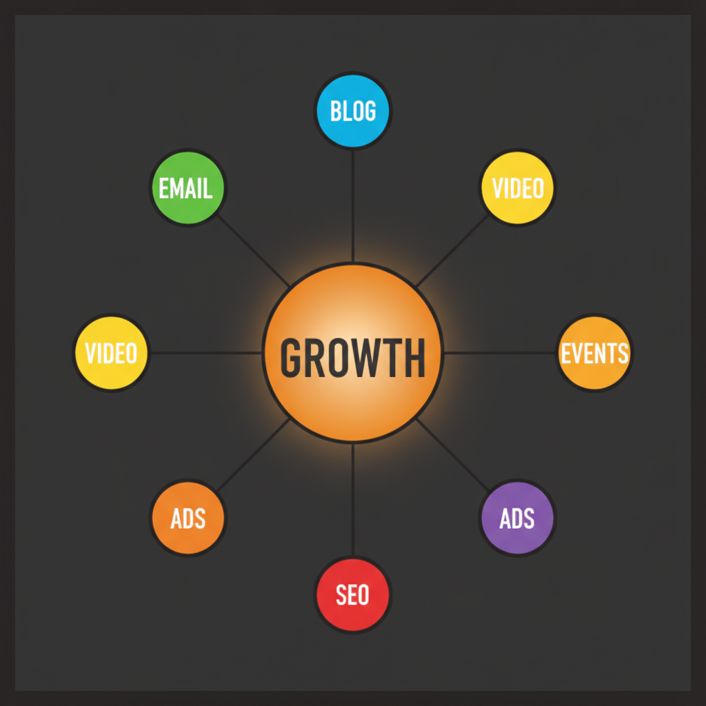 AI mind map generator output — a radial mind map on dark charcoal with a glowing amber GROWTH circle at the centre and eight coloured satellite circles around it labelled BLOG, EMAIL, VIDEO, VIDEO, EVENTS, ADS, ADS and SEO, showing two duplicated labels