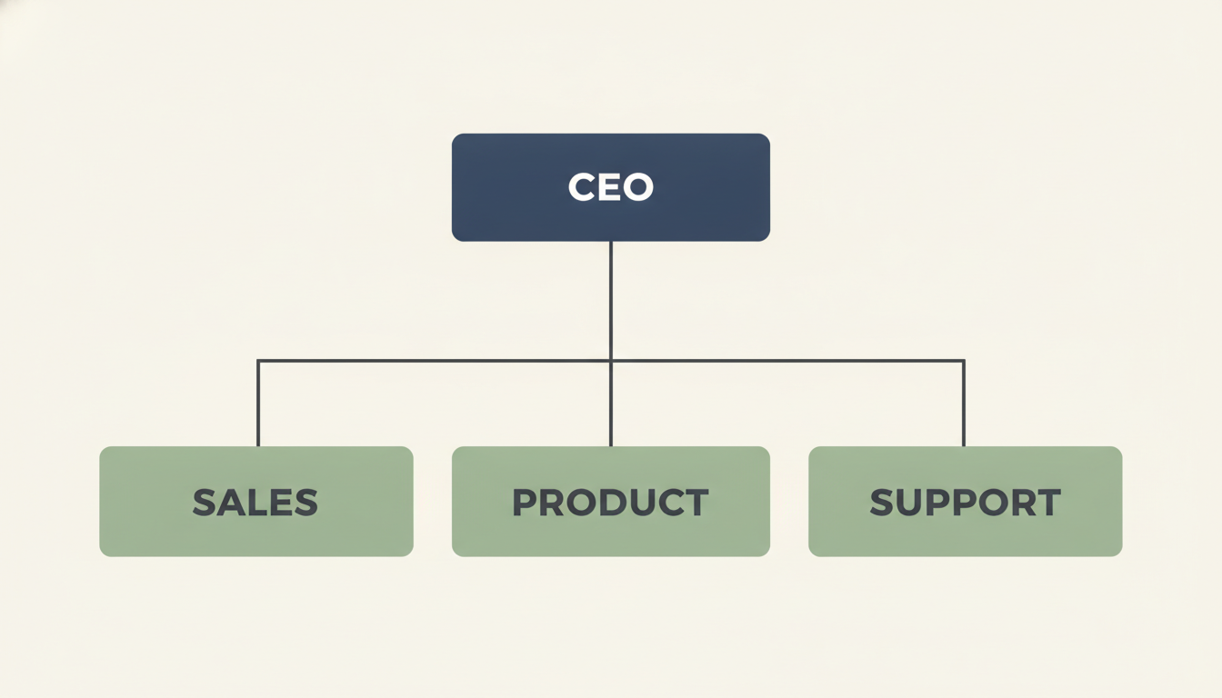 AI org chart generator output — a company organisation chart on soft cream, one navy CEO box at the top connected by thin right angle lines down to three sage green boxes in a row reading SALES, PRODUCT and SUPPORT