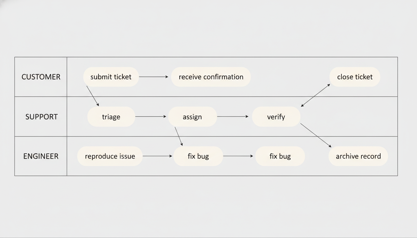 Swimlane diagram generator output — a three lane process diagram on light grey with a left header strip reading CUSTOMER, SUPPORT and ENGINEER, pale rounded task cards flowing left to right and thin arrows stepping diagonally between lanes