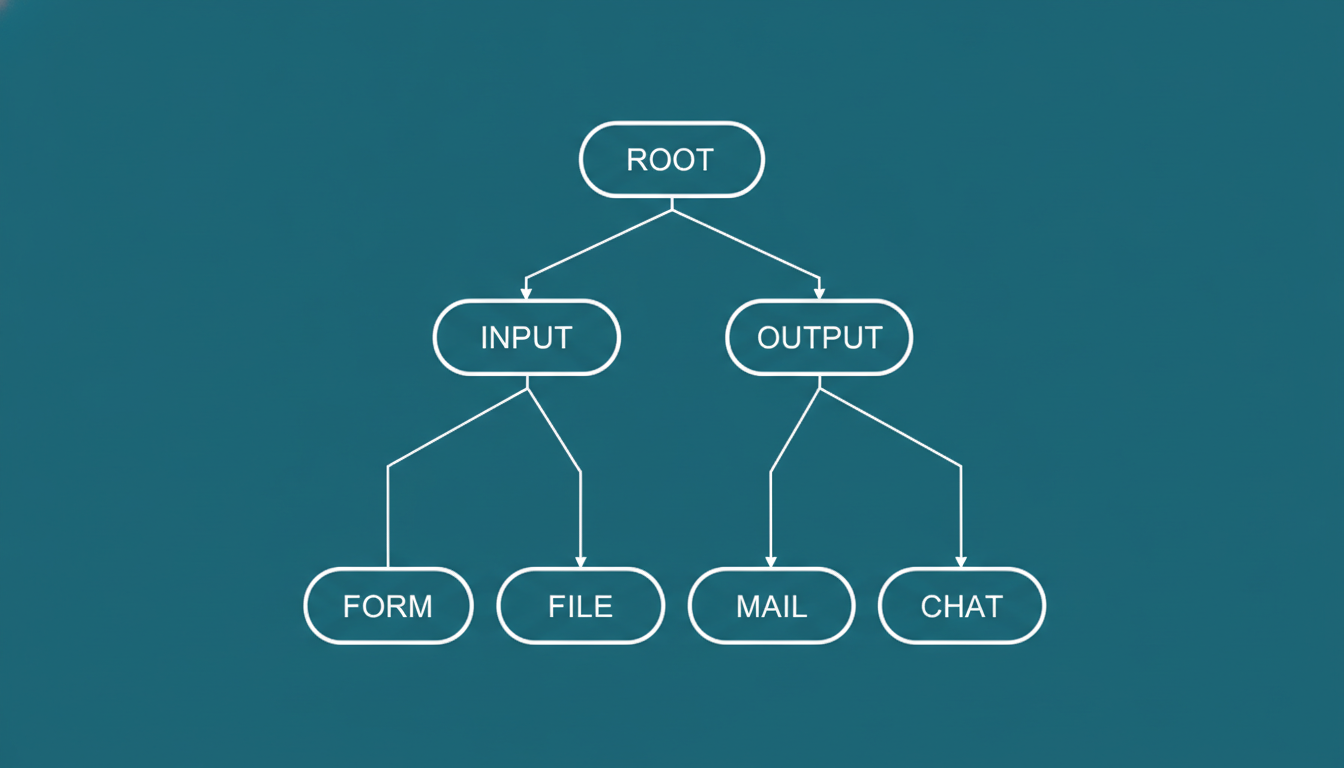AI tree diagram generator output — a hierarchical tree on deep teal, white outlined nodes branching downward through three levels from ROOT to INPUT and OUTPUT and then to FORM, FILE, MAIL and CHAT