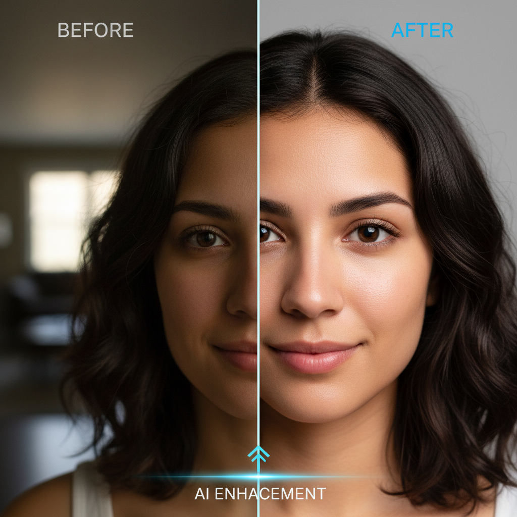 AI digital portrait enhancer before and after split — left side soft lowlight selfie, right side crisp 4K retouched studio portrait with natural skin tone