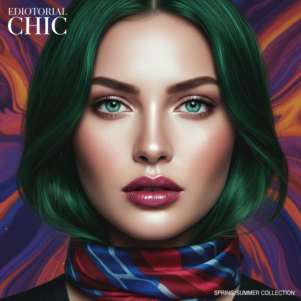 AI digital portrait enhancer fashion model close up portrait with glowing skin retouching, vivid color grading, soft beauty lighting, editorial magazine look