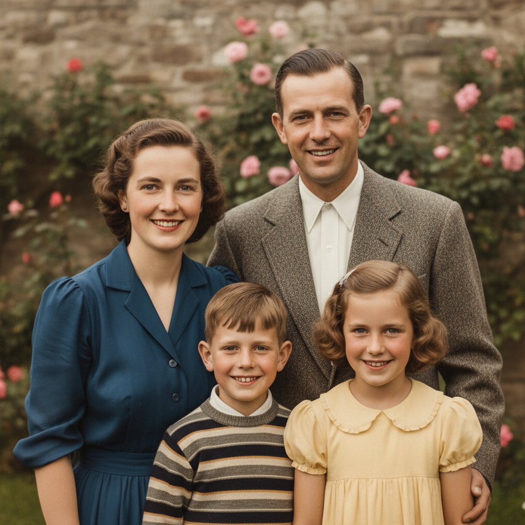 AI digital portrait enhancer vintage faded family photo restored to crisp modern 4K with accurate skin tones and color correction