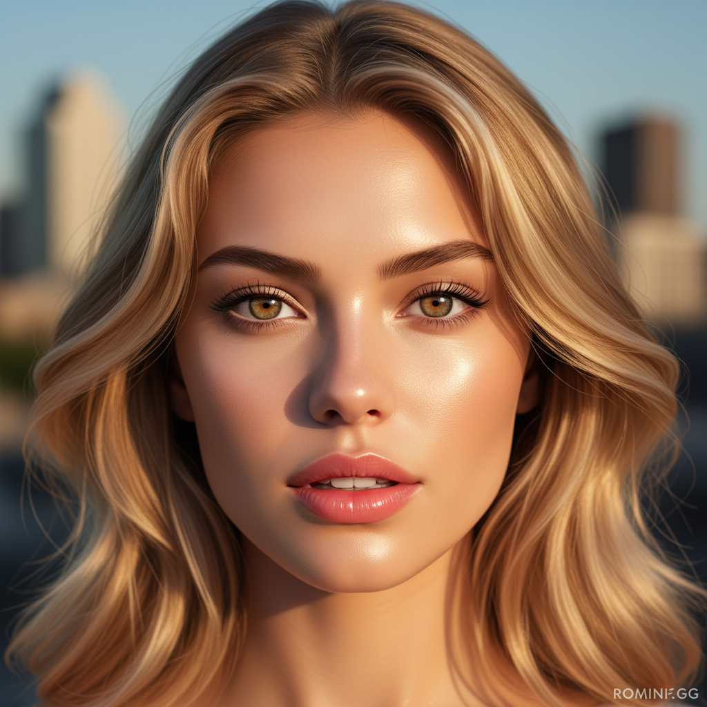 AI digital portrait enhancer social media influencer selfie with dewy enhanced skin, bright catchlight in eyes, warm sunset lighting, Instagram ready glow