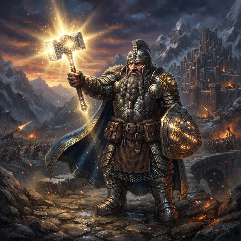 AI D&D character generator result — a dwarf paladin in heavy plate armor with a glowing warhammer