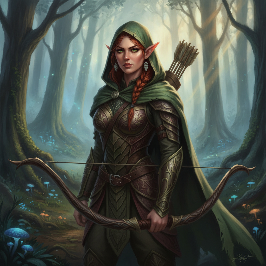 AI D&D character generator result — a fantasy elf ranger portrait with a longbow and detailed leather armor