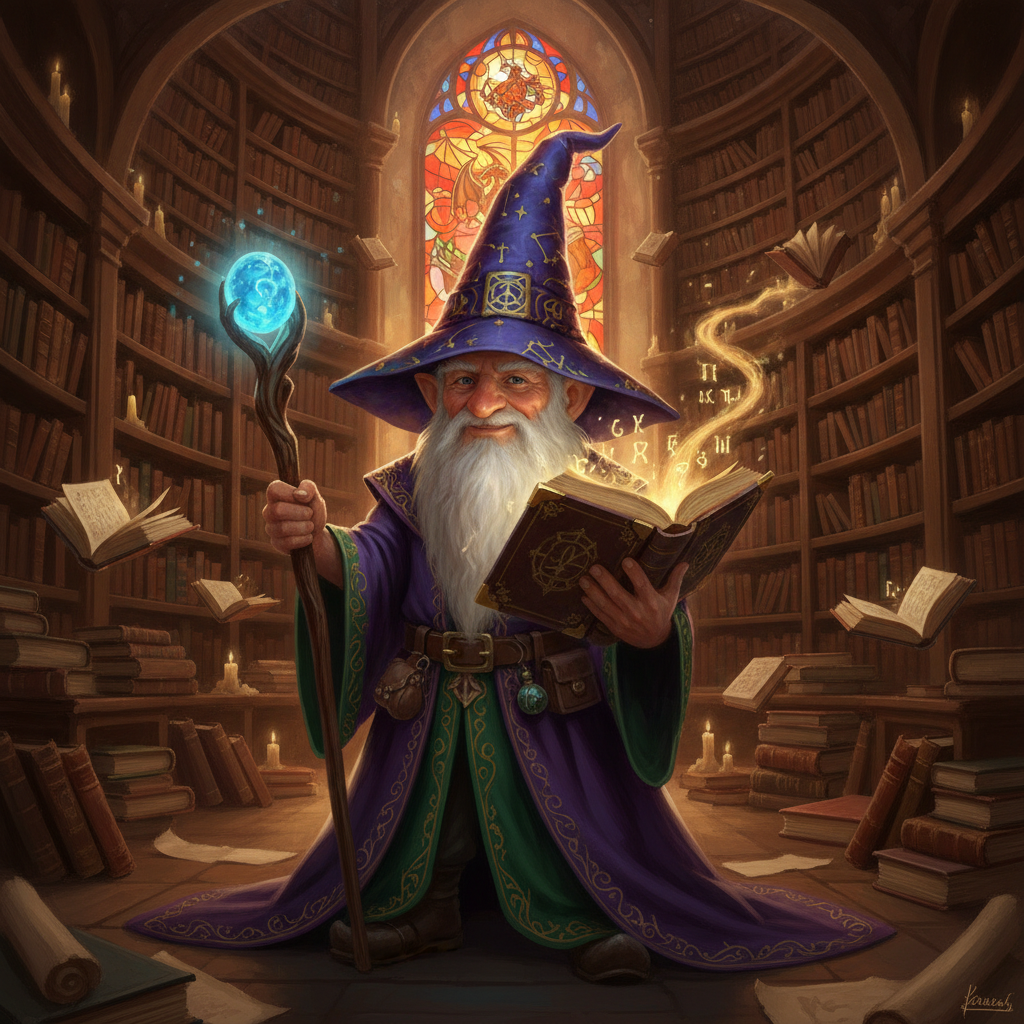 AI D&D character generator result — a gnome wizard with a pointed hat, staff, and glowing spellbook