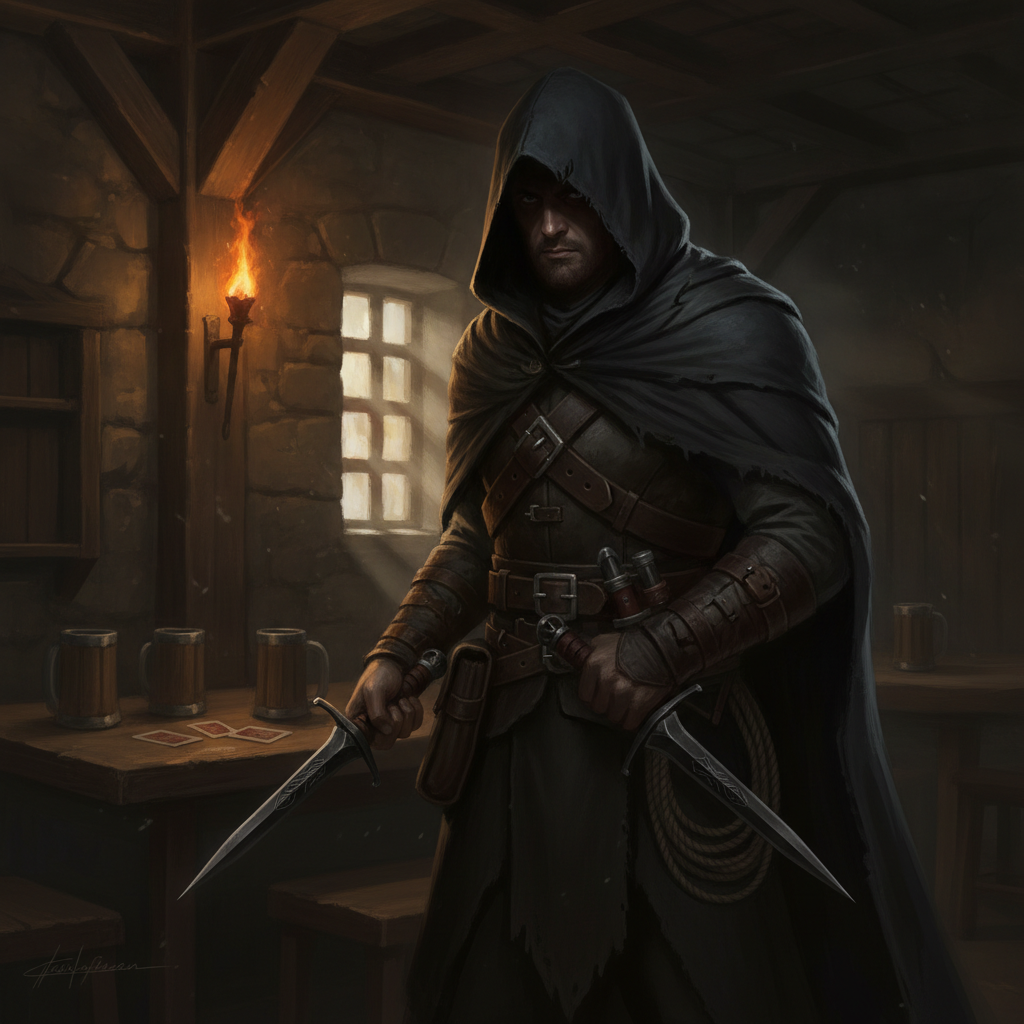 AI D&D character generator result — a hooded human rogue holding twin daggers in a torchlit tavern