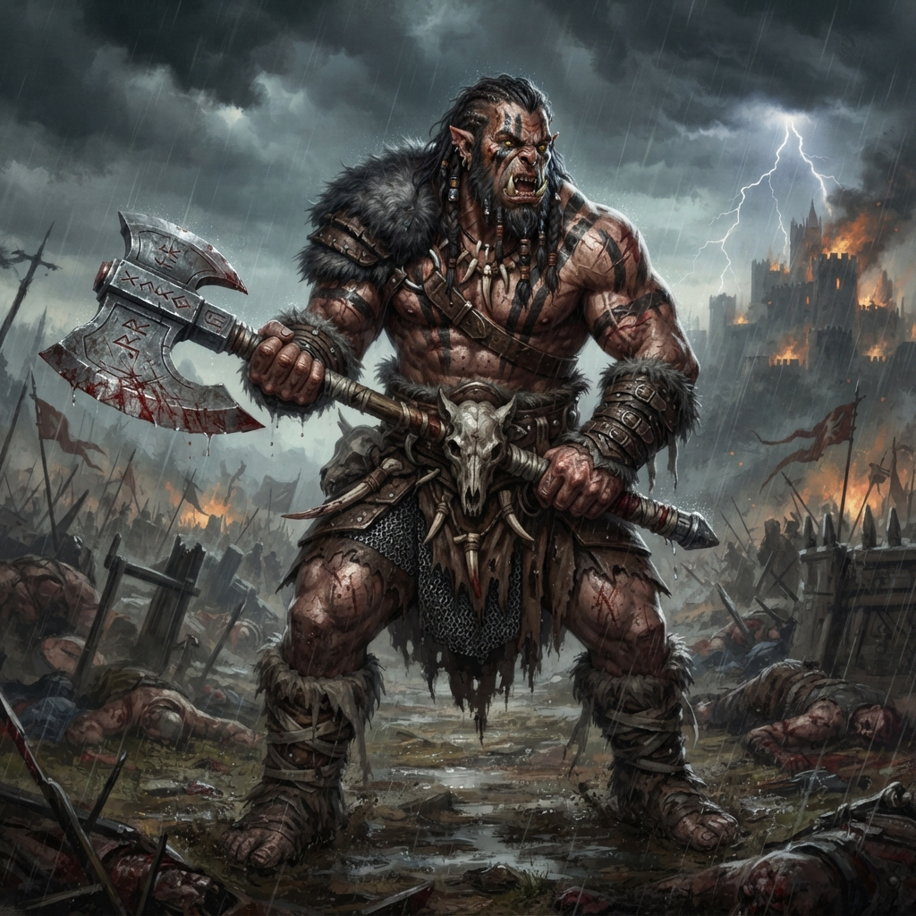 AI D&D character generator result — a half-orc barbarian wielding a massive greataxe on a stormy battlefield
