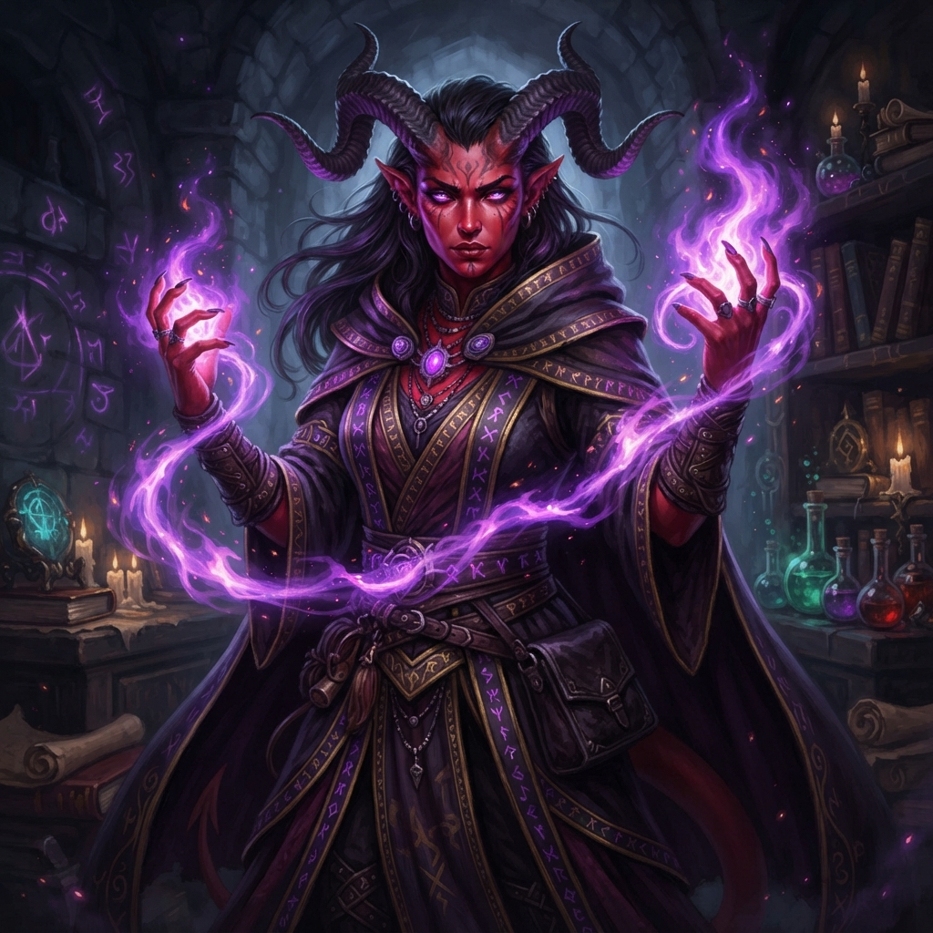 AI D&D character generator result — a tiefling sorcerer with horns and glowing arcane magic