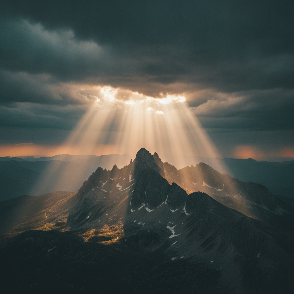 AI dramatic photo enhancer applied to a mountain ridge under a stormy sky, god rays breaking through dark clouds, deep contrast and cinematic teal-orange color grade