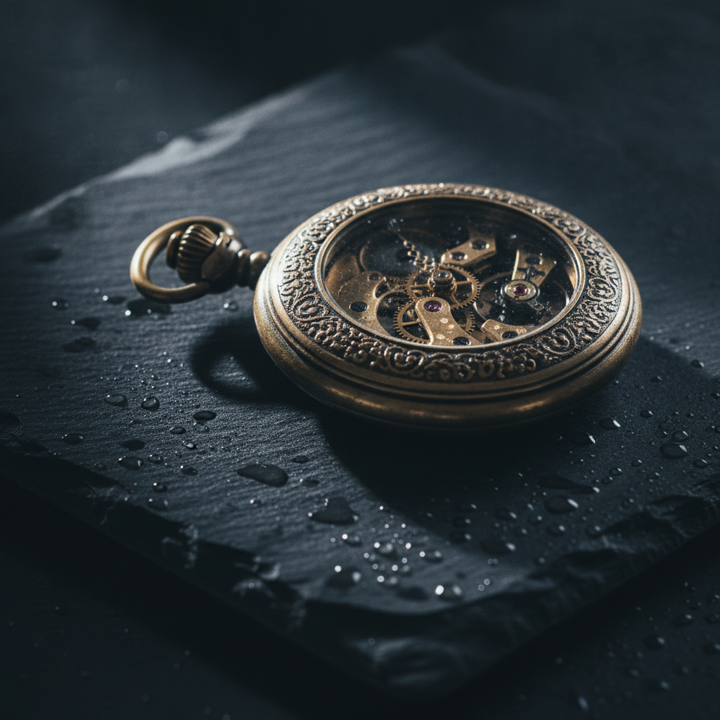 AI dramatic photo enhancer applied to a vintage brass pocket watch on wet slate, single hard rim light, crushed shadows and moody low-key color grading