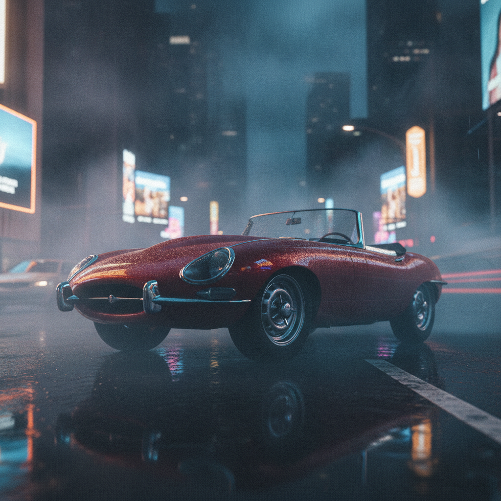 AI dramatic photo enhancer applied to a classic sports car on a rain-soaked night street, neon reflections on wet asphalt, volumetric fog and strong blue-amber contrast