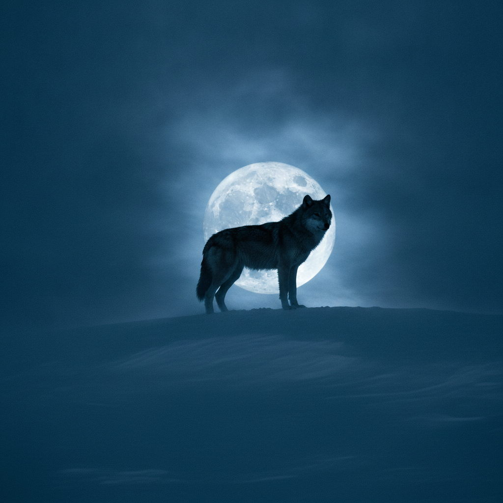 AI dramatic photo enhancer applied to a wolf silhouette on a snowy ridge at blue hour, cold backlit moonlight, swirling snow and high-contrast cinematic grade