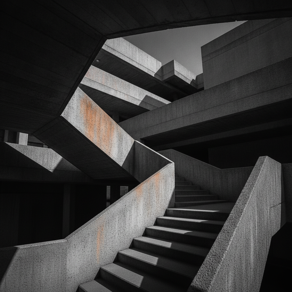 AI dramatic photo enhancer applied to a brutalist concrete staircase, harsh directional sunlight carving deep black shadows in high-contrast monochrome with warm highlights