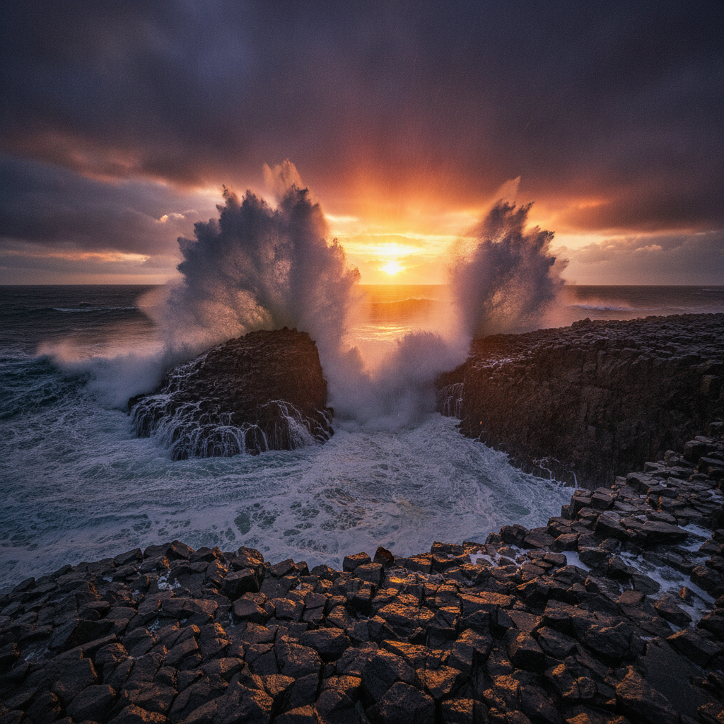 AI dramatic photo enhancer applied to huge waves crashing against dark basalt cliffs at sunset, backlit glowing spray and an intense stormy cinematic color grade