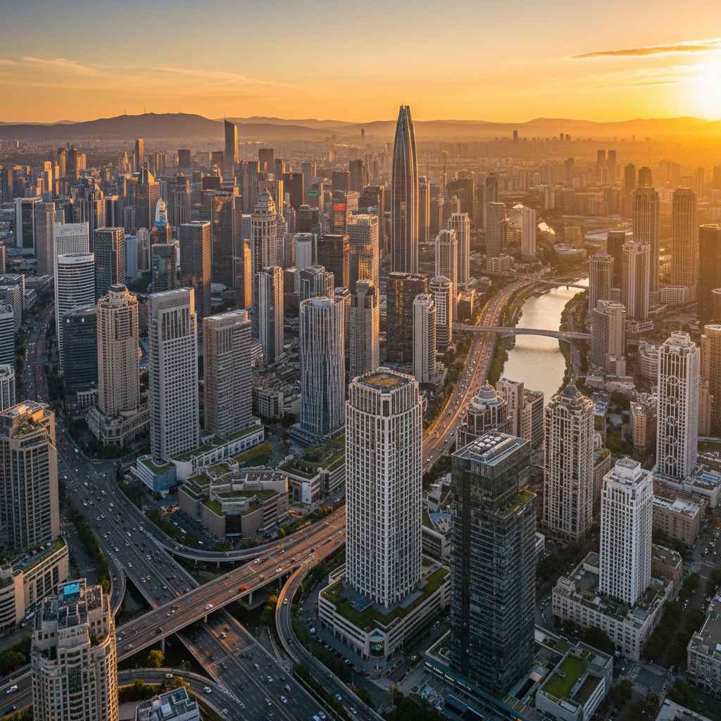 Aerial golden-hour city skyline from the naked-eye image enhancer, atmospheric haze cut and every building facade resolved to window-level detail