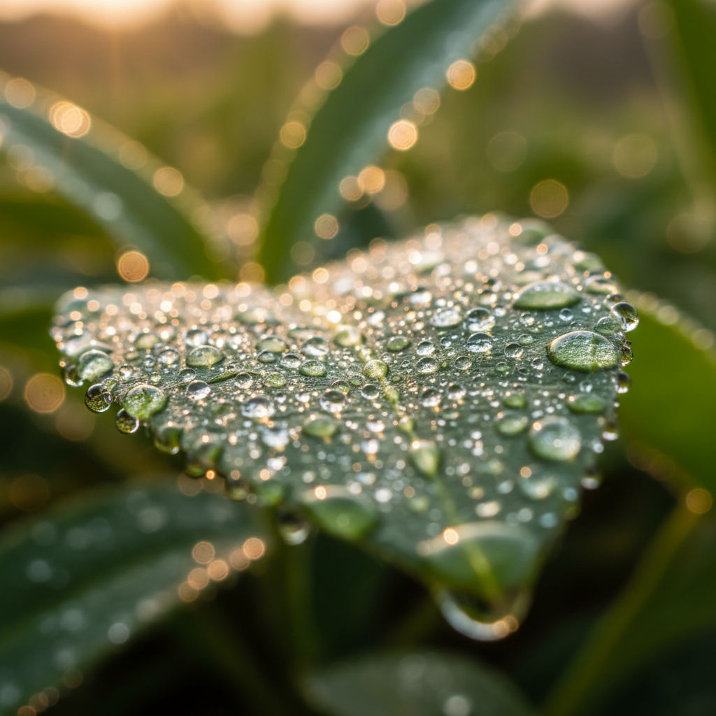 Macro leaf with individual veins and dew droplets refracting sunlight, detail enhancement recovering micro-texture the naked eye looks for first