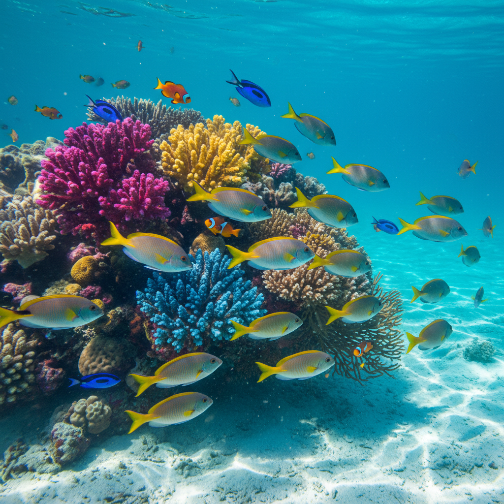 A school of tropical fish over a coral reef in clear turquoise water, every scale, fin ray and coral branch crisply defined after AI image clarity enhancement