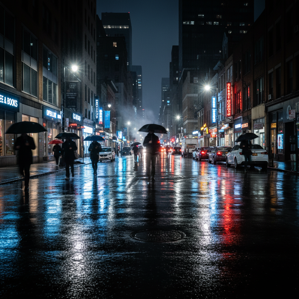 Rainy night city street with razor-sharp neon shopfront reflections on wet asphalt and no visible shadow noise, low-light image clarity restored