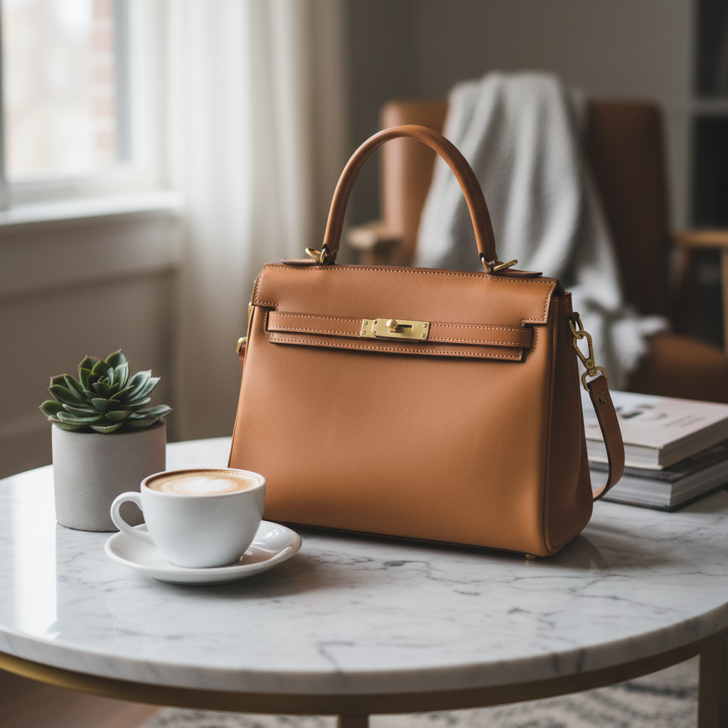 AI e-commerce image enhancer result — a premium leather handbag styled on a marble table with a coffee cup and plant in soft natural window light