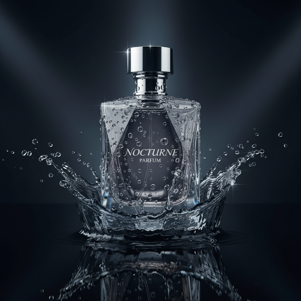 AI e-commerce image enhancer result — an elegant glass perfume bottle with dramatic studio lighting, dark gradient backdrop, and water splash