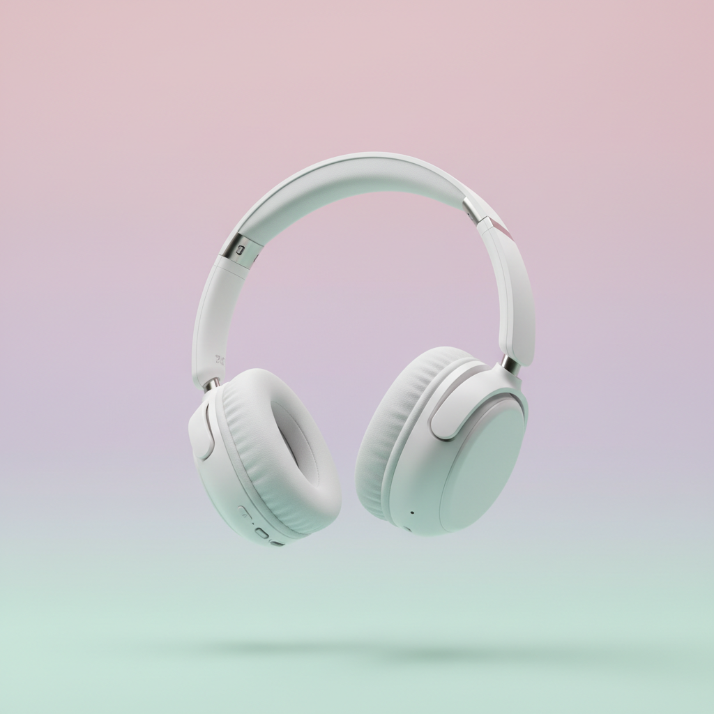 AI e-commerce image enhancer result — modern white wireless over-ear headphones floating on a soft pastel gradient backdrop with crisp studio lighting