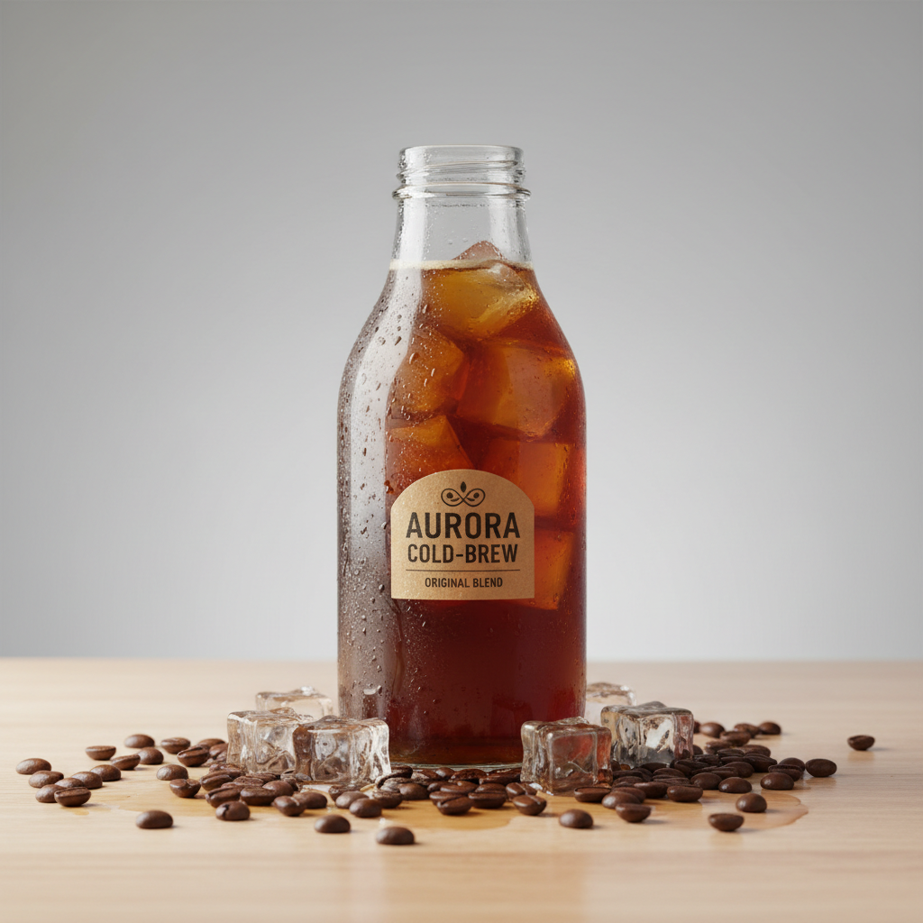 AI e-commerce image enhancer result — a refreshing bottled cold-brew coffee with fresh coffee beans and ice in bright appetizing studio lighting