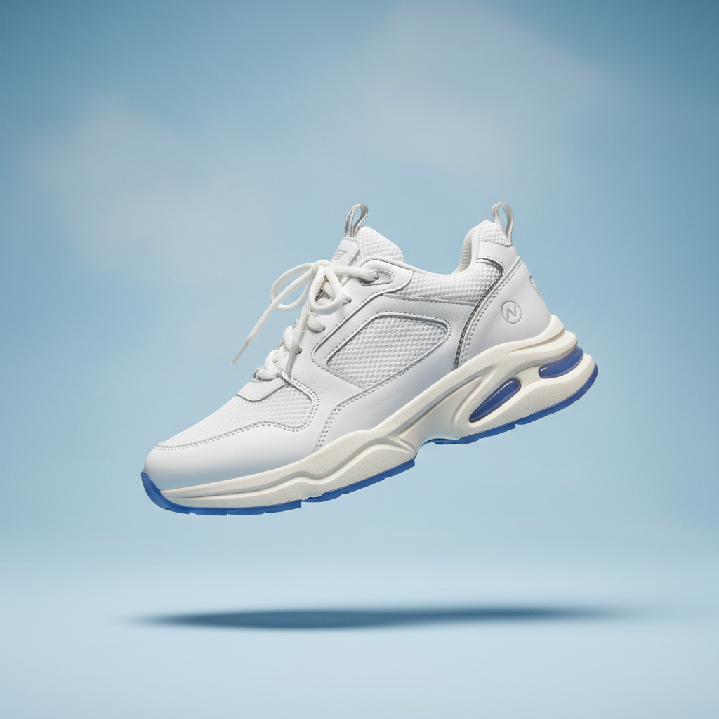 AI e-commerce image enhancer result — a white premium sneaker floating on a minimalist soft blue background with a subtle shadow and clean studio lighting