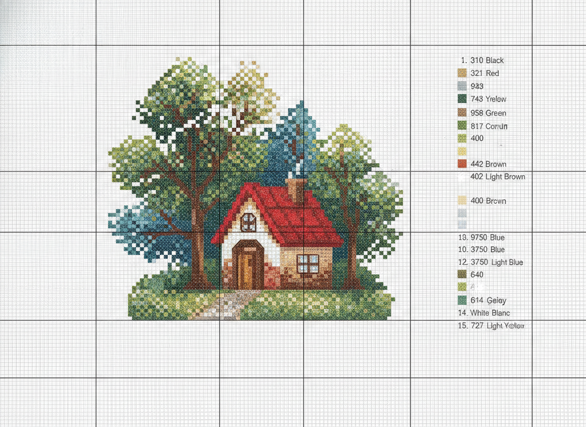 AI cross stitch pattern generator example — a cottage and trees chart drawn as a grid of coloured squares with bold tenth lines and a numbered floss legend