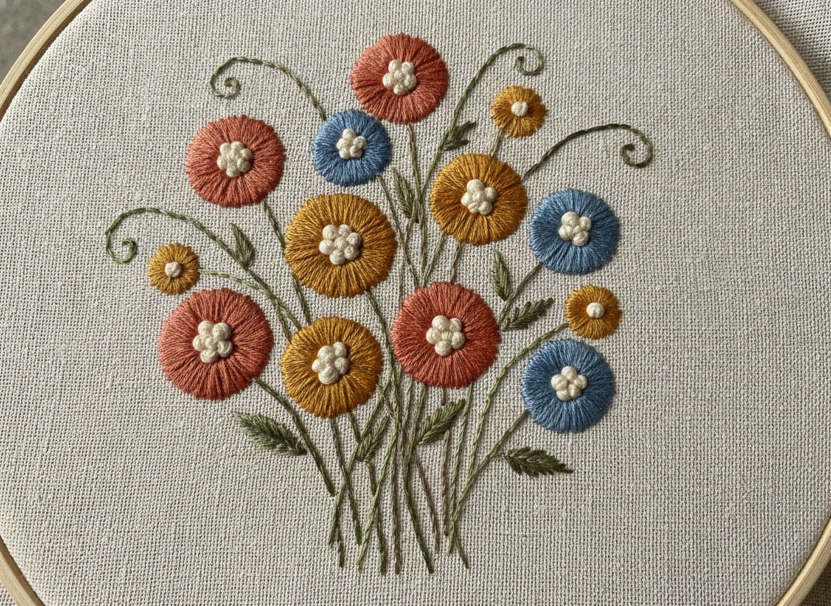 AI embroidery design generator example — a wildflower bouquet in coral, mustard and dusty blue satin stitch with french knot centres on cream linen in a wooden hoop