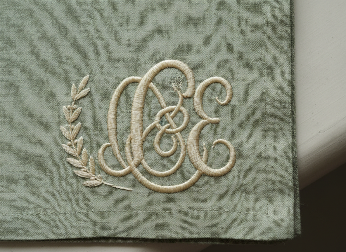 AI monogram embroidery design example — an ornate interlocking script initial in ivory padded satin stitch on a sage green linen napkin with a laurel sprig