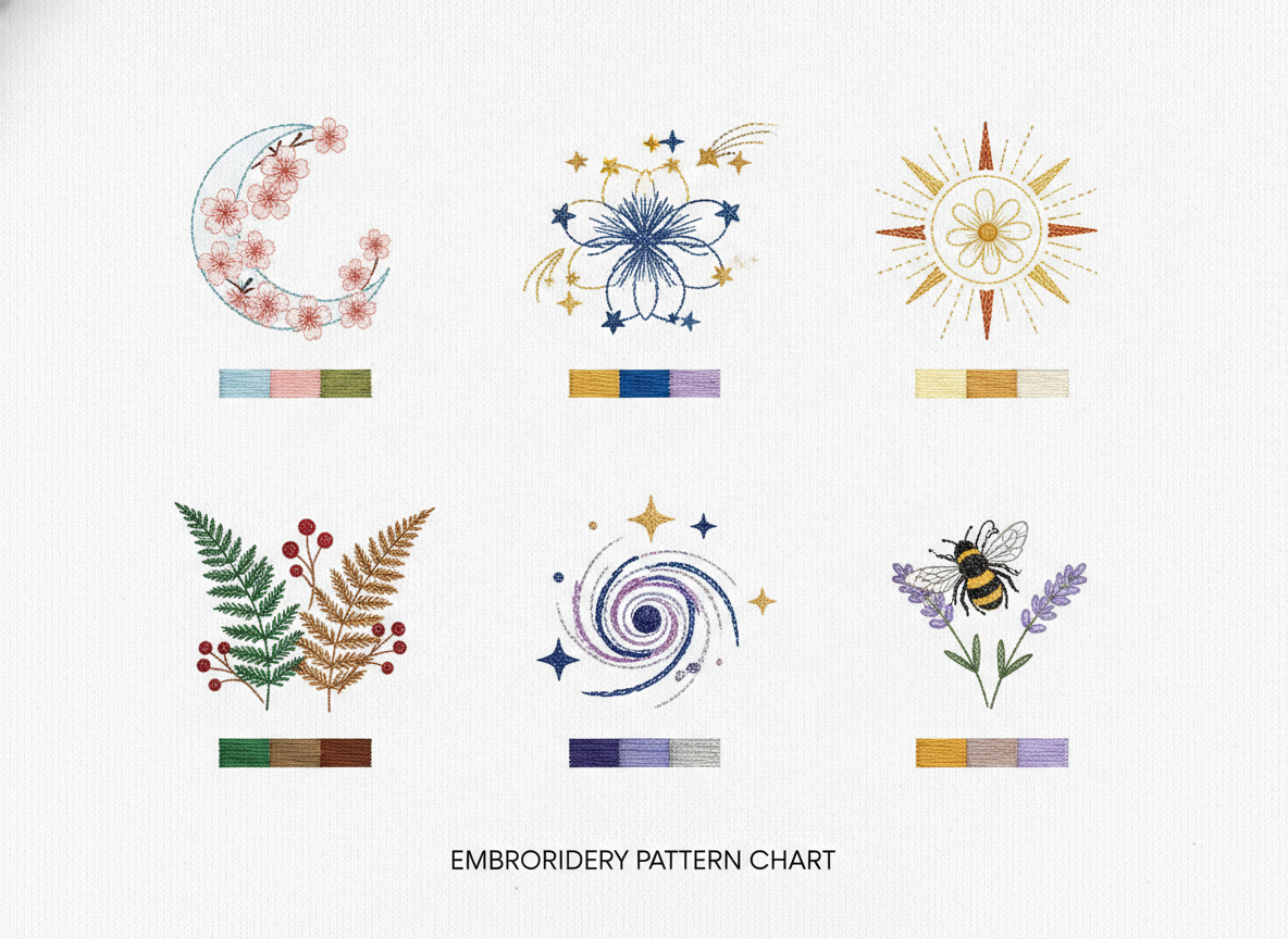 AI embroidery pattern generator example — a sheet of six botanical and celestial motifs as clean coloured line art with stitch direction marks and floss swatches