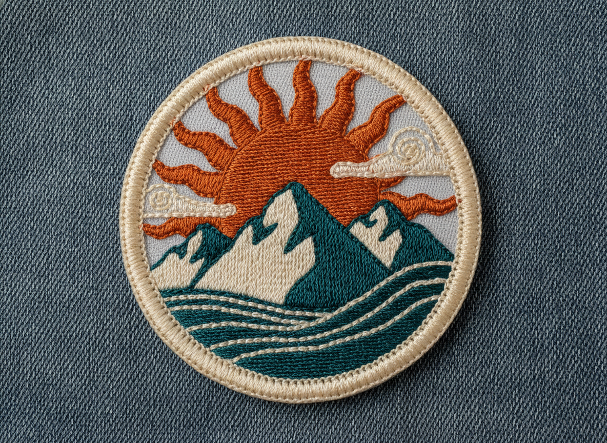AI patch design generator example — a retro sun and mountain iron-on patch in burnt orange, cream and deep teal with a merrowed border on a denim jacket
