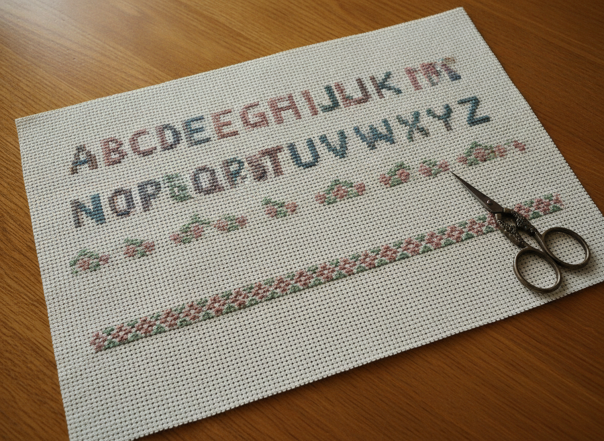 AI hand embroidery pattern example — a finished alphabet sampler on aida cloth with a heart and flower border in rose, sage and slate blue beside embroidery scissors