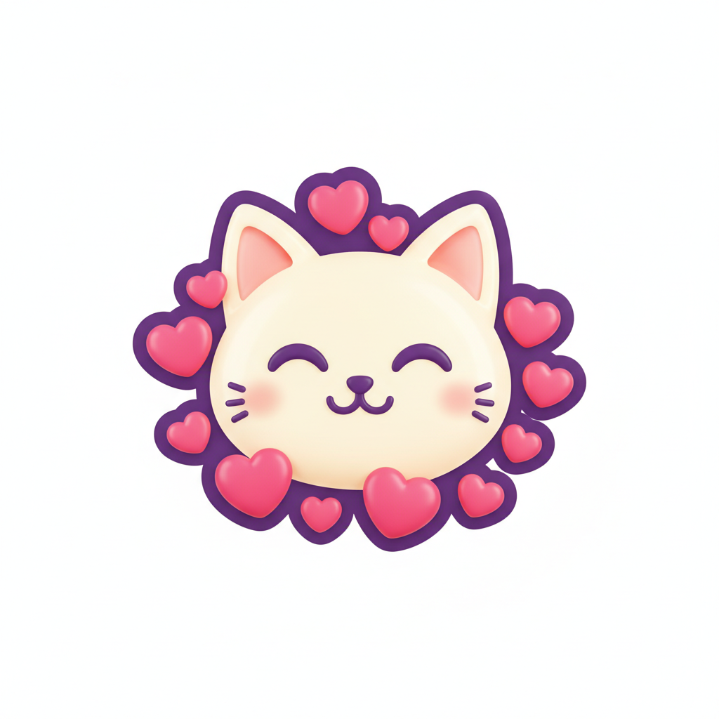 AI emoji generator result — a cute custom emoji of a smiling cat face surrounded by pink hearts